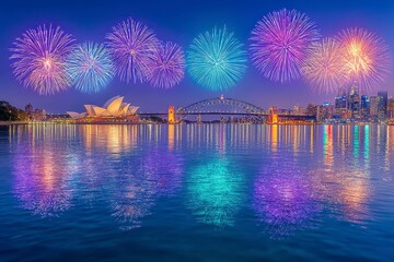 Nighttime Fireworks Display Over City Skyline Reflected in Water