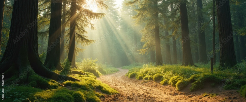 Aufkleber Sunlight Through Trees Creates a Beautiful Path in a Dense Forest