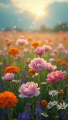 Fototapeta premium Flower Meadow at Dawn: Pink Peonies, Orange Marigolds, and Daisies in a Soft, Dreamy Landscape