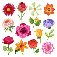 Collection of Diverse Colorful Flower Vector Illustrations Set
