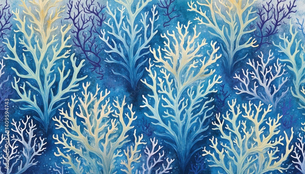 Poster elegant watercolor coral reef pattern with vibrant blues and delicate branching structures