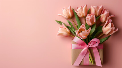 Fototapeta premium bouquet of tulips on pink background with copy space