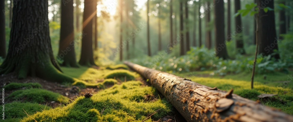 Poster tranquil forest floor with moss-covered log and sunlit trees