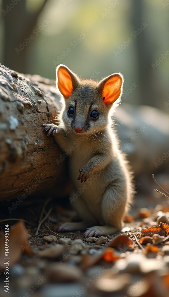 Aufkleber close up of a small furry animal with large ears standing next to a log and looking at the camera