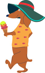 A joyful cartoon dog with a summer hat, holding an ice cream cone, savoring the warmth of a sunny day