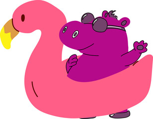 A fun-loving purple hippo floating in a pink inflatable flamingo on the beach, creating a whimsical and vibrant summer scene with tropical flair