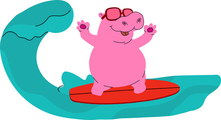 A cartoon hippo surfing on a board, riding waves with a joyful and playful expression, creating a whimsical and lively illustration ideal for summer and beach-themed designs