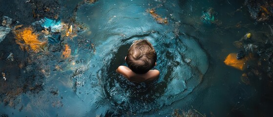 A person is submerged in polluted water surrounded by debris, highlighting environmental issues.