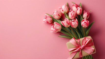 Fototapeta premium bouquet of tulips on pink background with copy space