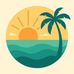 Circular illustration featuring a stylized landscape with summer vibes.