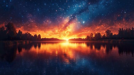 Obraz premium Milky Way stars blending with sunset colors above peaceful water, panoramic view, dark silhouettes of trees, magical and serene scene 