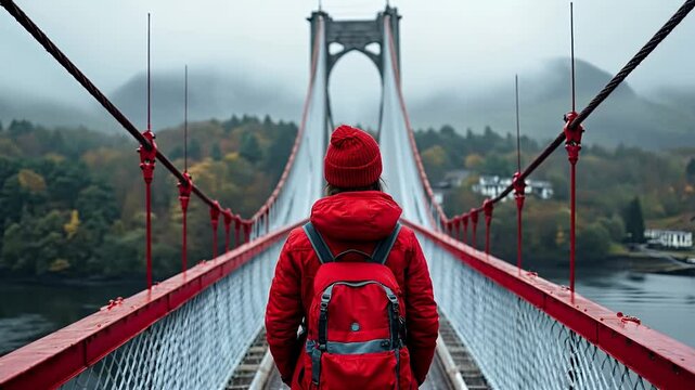Exploring a suspension bridge on a foggy day in the mountains with a red backpack