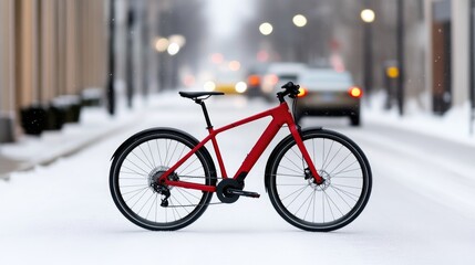 Fototapeta premium Red electric bicycle in snowy city street