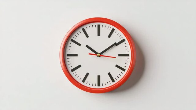 Close-Up of a Red Wall Clock Against a White Background Showing Accurate Time