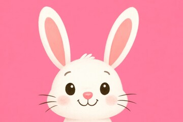 Fototapeta premium A cute cartoon bunny with big ears smiles against a pink background. Concept of: Easter holiday.
