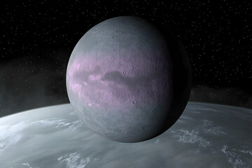 Simulated view of a celestial body with unusual atmospheric features.