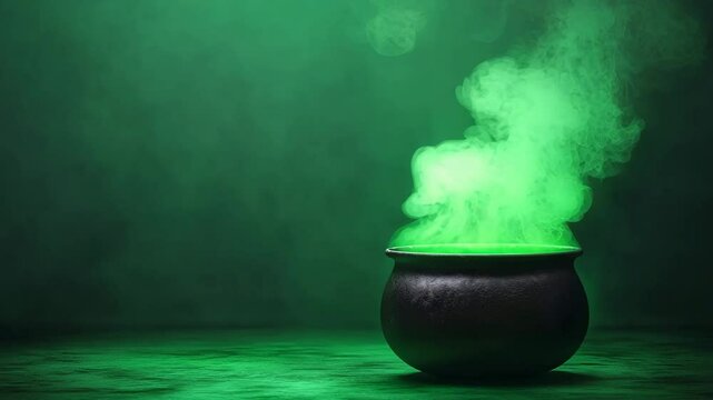 Dark Cauldron with Vibrant Green Smoke in a Moody and Mysterious Atmosphere