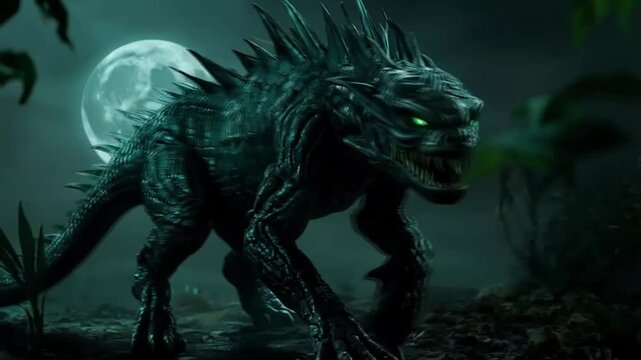 The terrifying monster emerged from the shadows, roaring loudly and shaking the ground beneath its feet.
