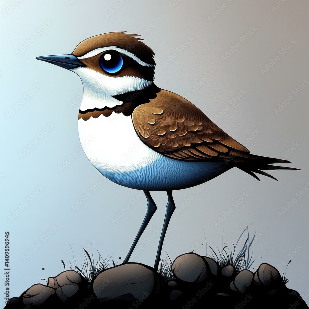 Poster charming illustration of a killdeer bird standing on rocks against a soft background