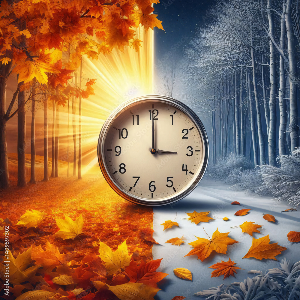 Poster Seasonal change visual with realistic fall-to-winter transition and clock pointing one hour back