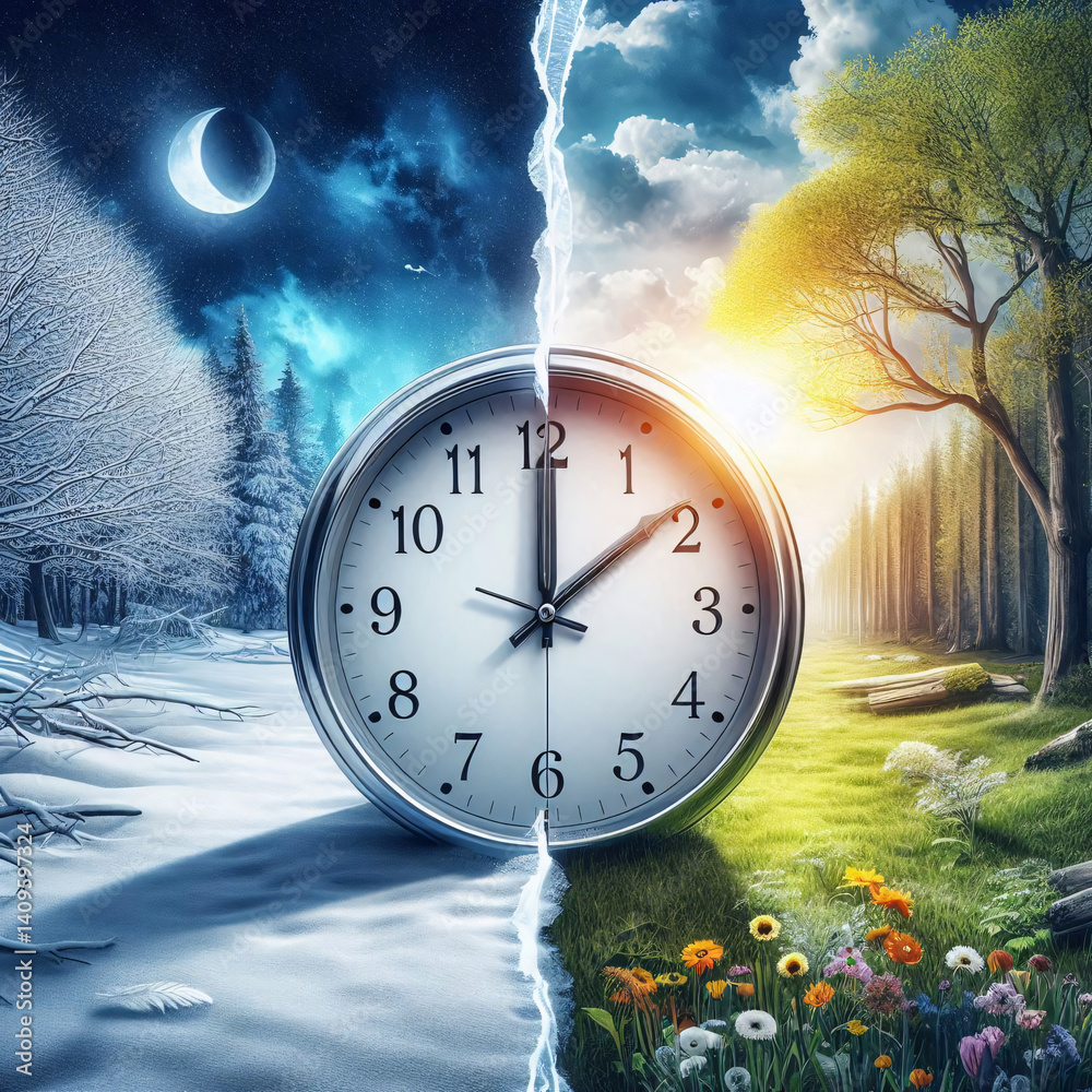Poster Changing time forward in spring with background split between winter snow and spring bloom and clock center