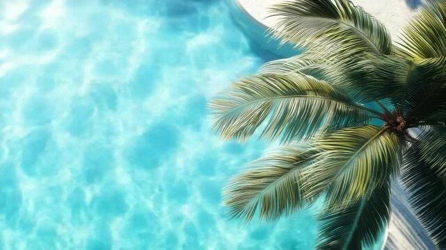 Tropical leaf palm near the blue water pool. Tropical summer mockup, luxury travel holiday design, copy space. Summer banner on the theme of vacation