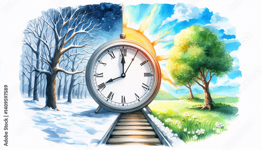 Poster Time change image showing seasonal shift with clock moving forward from 2 to 3 as winter turns into spring