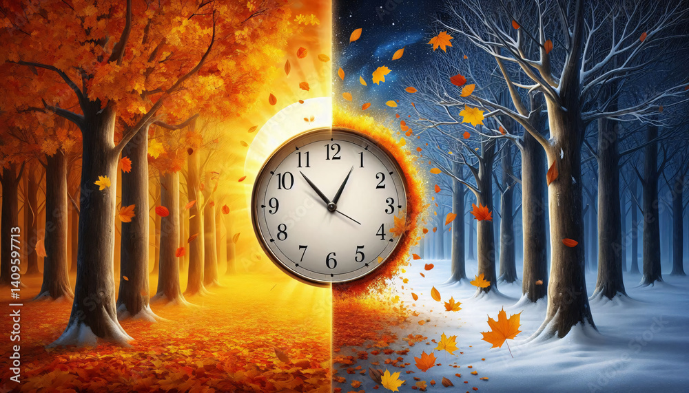 Poster Realistic clock against background split between colorful autumn and cold winter forest to show time shift