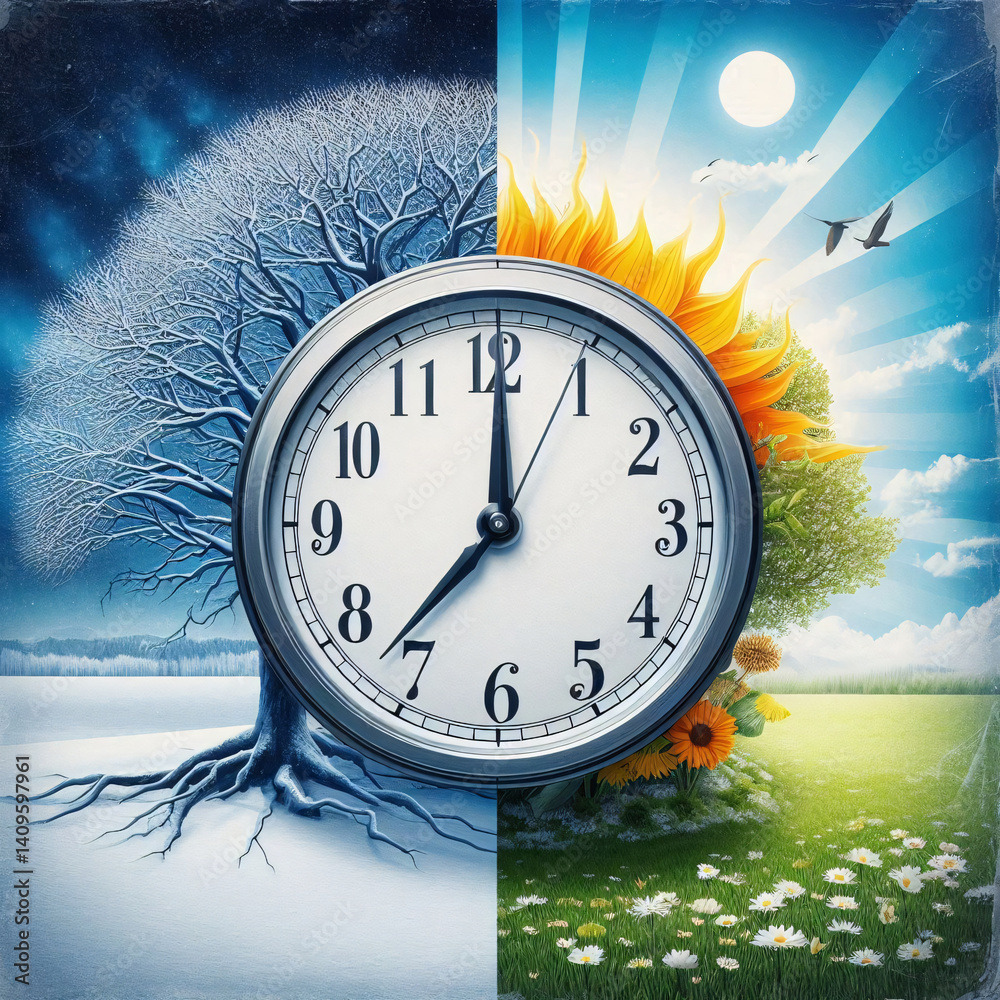 Poster Visual representation of daylight saving time with half-frozen tree and half-green tree and moving clock hand