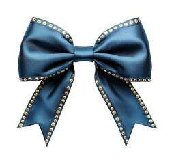Elegant blue satin bow with studded edges for fashion styling. Isolated on transparent background, png.