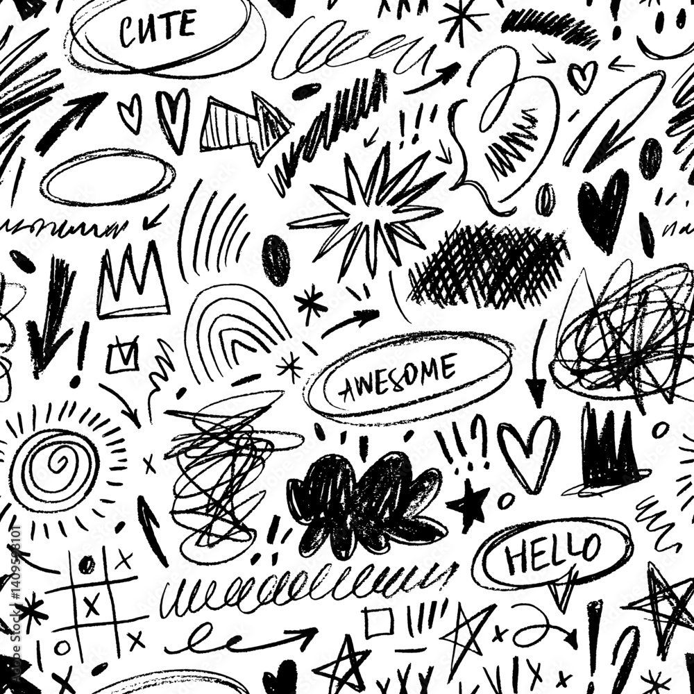 Poster Punk doodle seamless pattern with quirky crayon drawn shapes and scribbles. Hand drawn vector grunge background. Funky charcoal shapes, speech bubbles, kid's messy lines, childish drawings.