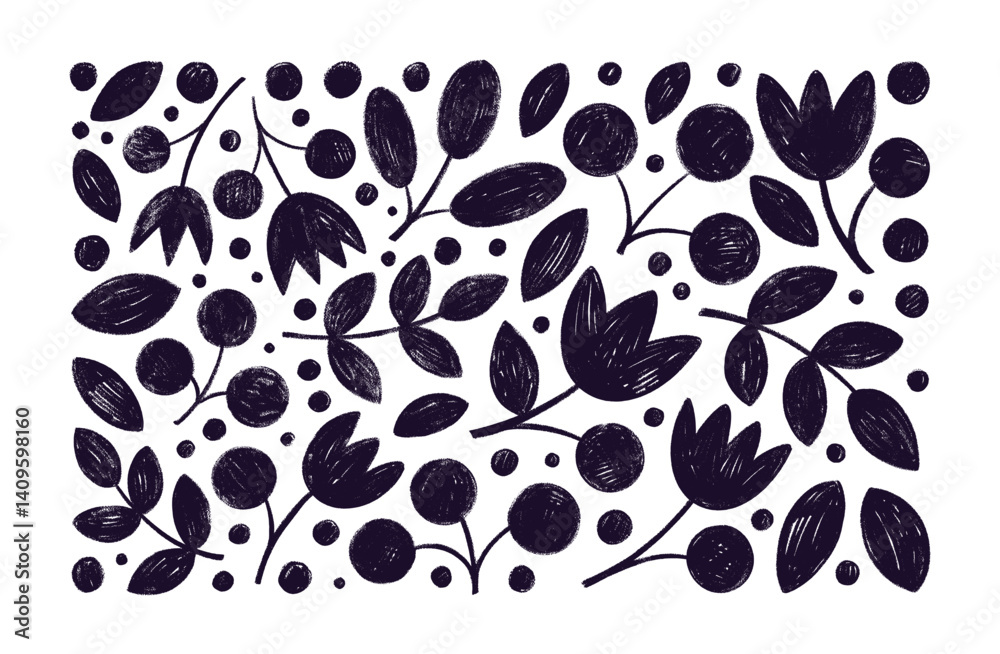 Poster set of crayon drawn flowers, branches with leaves and berries. abstract decorative botanical element