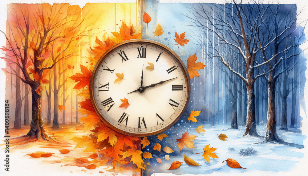 Poster realistic depiction of seasonal time change from autumn to winter with clearly illustrated nature an