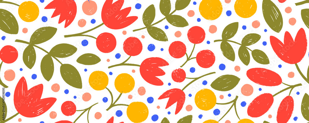 Poster exotic colorful seamless pattern with flower branches and leaves. hand drawn vector botanical motif.