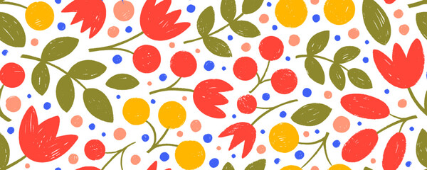 Exotic colorful seamless pattern with flower branches and leaves. Hand drawn vector botanical motif. Decorative red flowers with berries and leaves. Naive abstract crayon blooms, tribal ornament.
