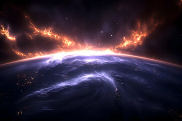 Obraz premium Fiery celestial view of Earth enveloped in cosmic energy.