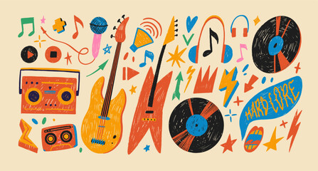 Crayon drawn punk retro music elements. Guitar, cassette, vinyl, music tape recorder and other doodle shapes. Hand drawn graphic vector scribbled rock and roll stickers. Vector y2k retro illustration.