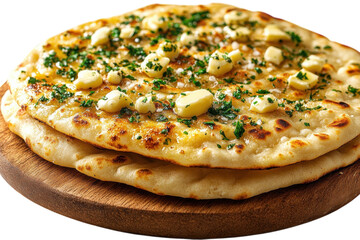 Two golden brown naan breads topped with melted butter garlic and parsley on transparent background