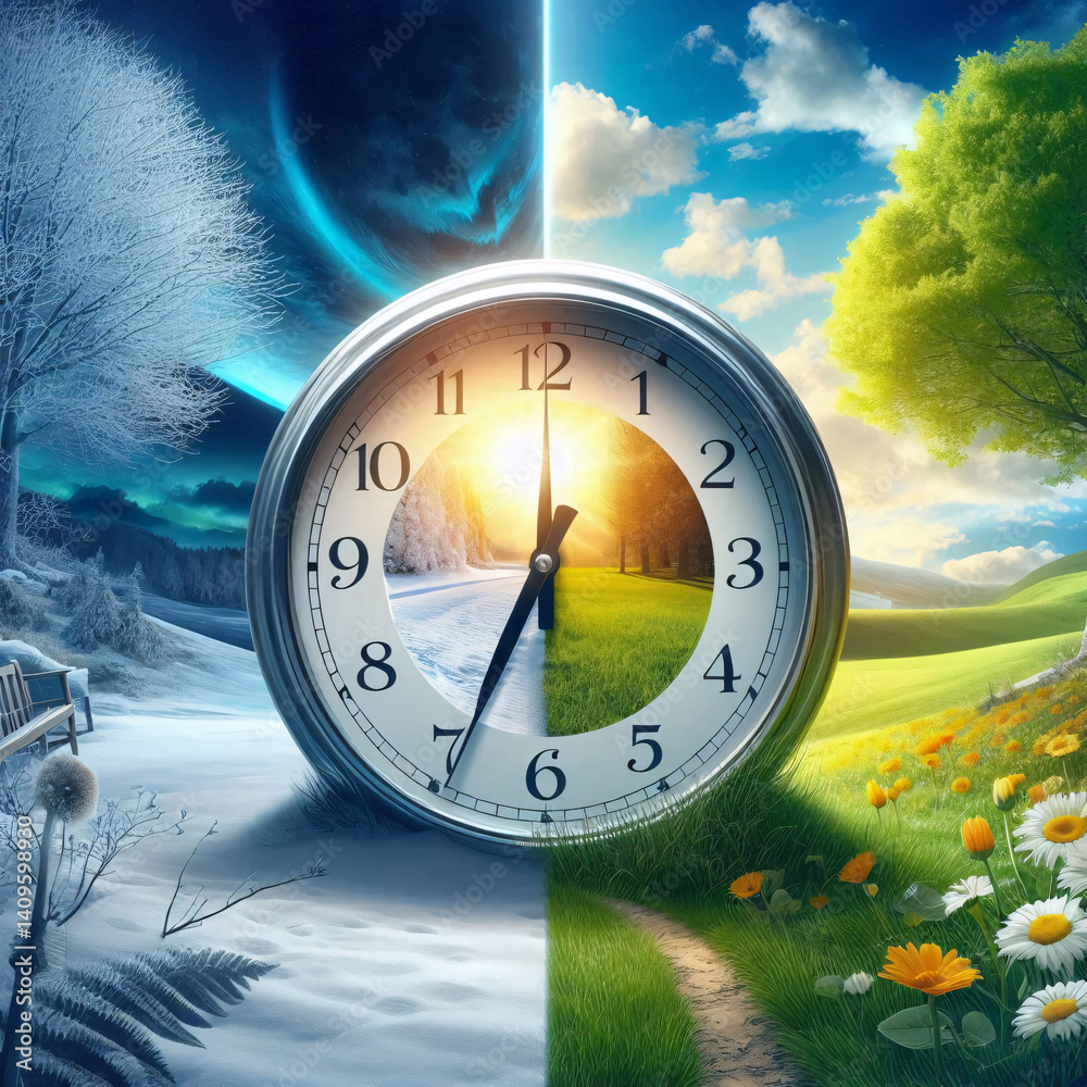 Poster Clock showing daylight saving time change with symbolic winter-to-spring transition and seasonal nature background