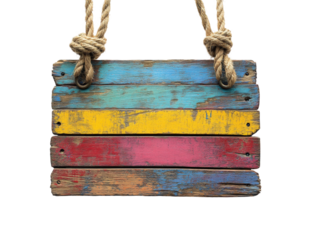Colorful wooden sign hanging with rope decorative. Isolated on transparent background, png.