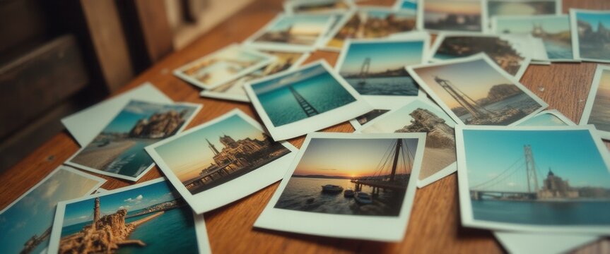 Collection of vintage-style photographs of bridges and coastal landmarks laid out on a wooden surface.