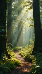 Obraz premium Sunlit Forest Path: A Tranquil Walk Through Mossy Trees in a Peaceful Woodland Scene