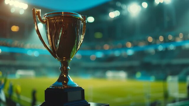 Gold trophy cup in the foreground with a blurred stadium or field in the background with colorful lights.
