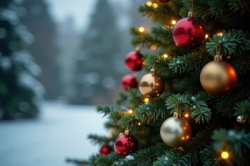 Fototapeta premium Evergreen Christmas tree with ornaments and lights against a warm winter background, evergreen forest, background