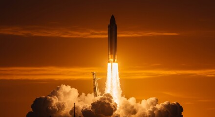 Fototapeta premium Spacecraft Launch at Sunset A Powerful Ascent into the Colorful Sky