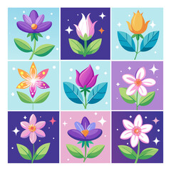 Nine colorful flower illustrations with varied backgrounds and styles
