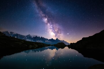 Fototapeta premium Celestial Reflections: Mountain Majesty Under a Starry Sky.