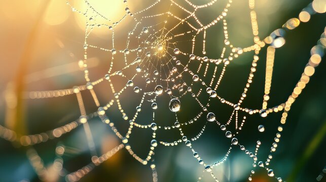 Beautiful dew drops on a spiderweb at sunrise golden hour nature up art water light macro close jewel