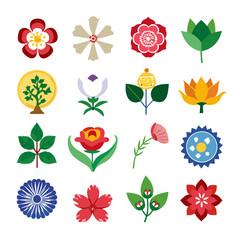 Botanical Set: Stylized Flowers and Plants in Various Colors