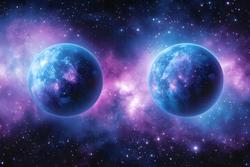 Obraz premium Two vibrant blue planets in a cosmic nebula.